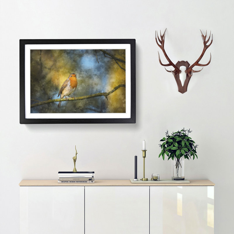 Robin Bird in a Tree - Framed Print, 62cm H x 87cm W x 2cm D, Black Framed