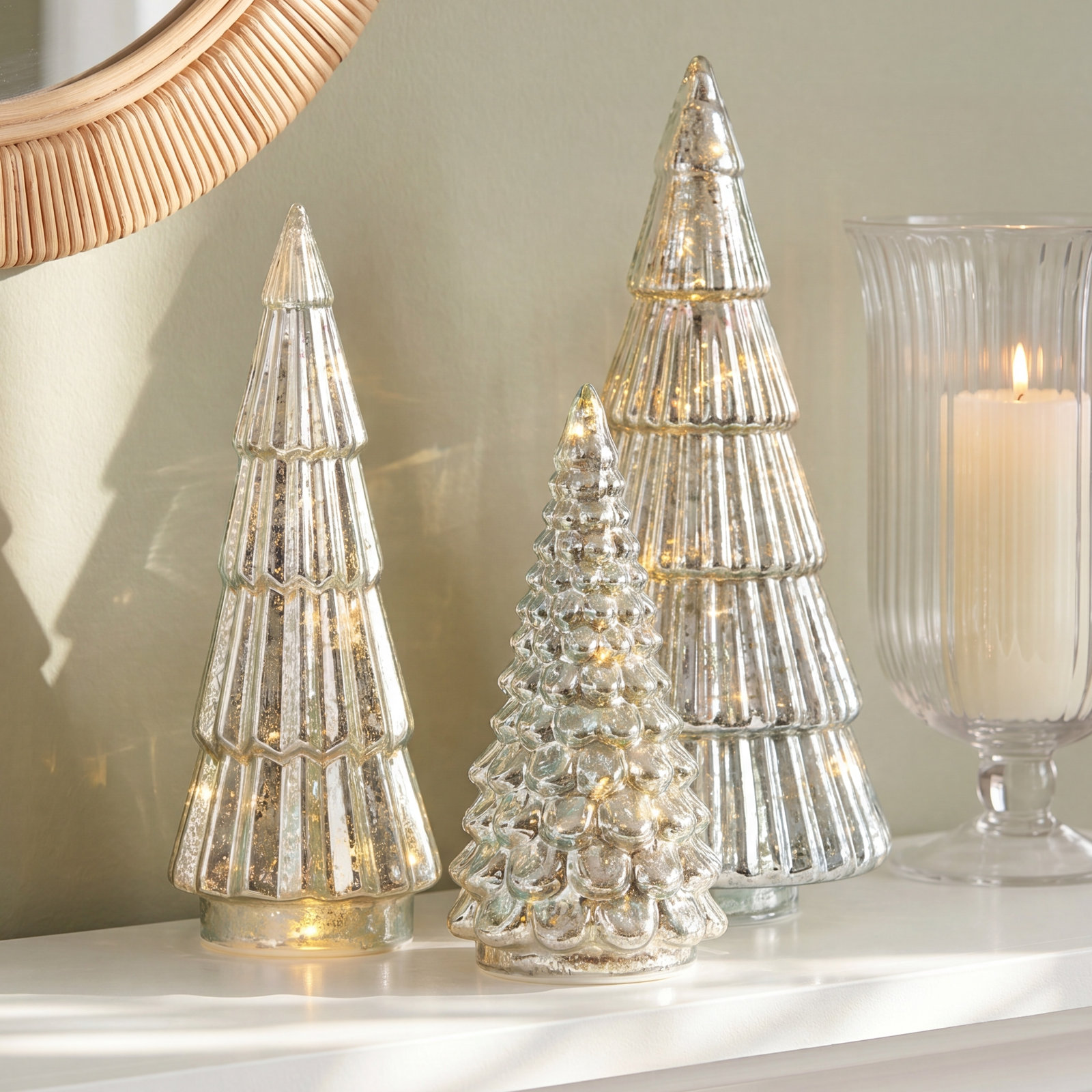 3-Piece Lighted Green Mercury Glass Tree Set