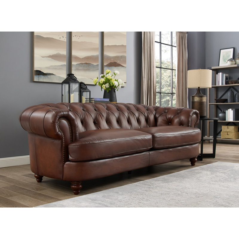 Edlizi Upholstered 94'' Sofa, Caramel Brown Genuine Leather