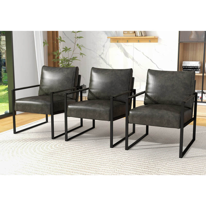 Bradon 24.6'' Wide Vintage Soft Vegan Leather Arm Accent Chair with Removable Backrest, Gray, 3