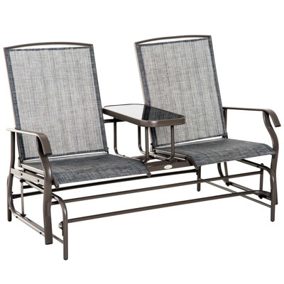 Metal Frame Glider Seat With Center Table. Gray Patio For Outdoor. Double Gliding Joy. Breathable Mesh Fabric. 726 Lbs. Load Capacity. For Backyard, Garden, Porch. 32"D X 58.25"W 39.25"H Bench Table