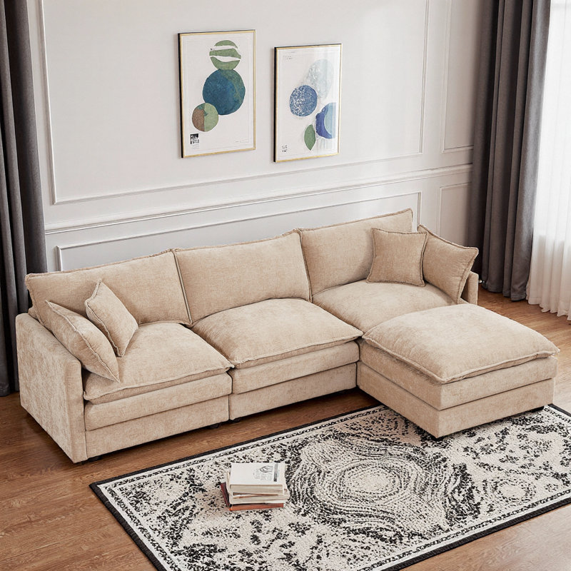 102" Chenille L-Shape Modular Sectional – Memory-Foam Cloud Seats, Movable Ottoman, DIY Bed or Chaise. No-Tool 30-Min Assembly