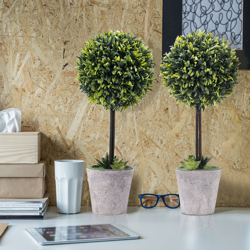15.4'' Faux Boxwood Topiary in Wicker/Rattan Planter