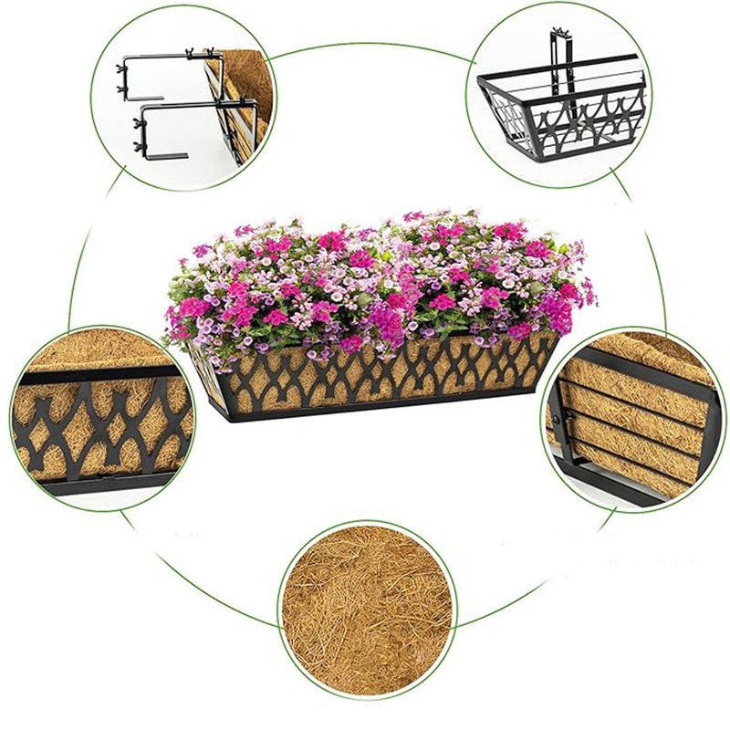 2 Pack Window Boxes Planters Railing Planter Box with Adjustable Brackets, for Porch Fence Patio Balcony with Coco Liners - Black