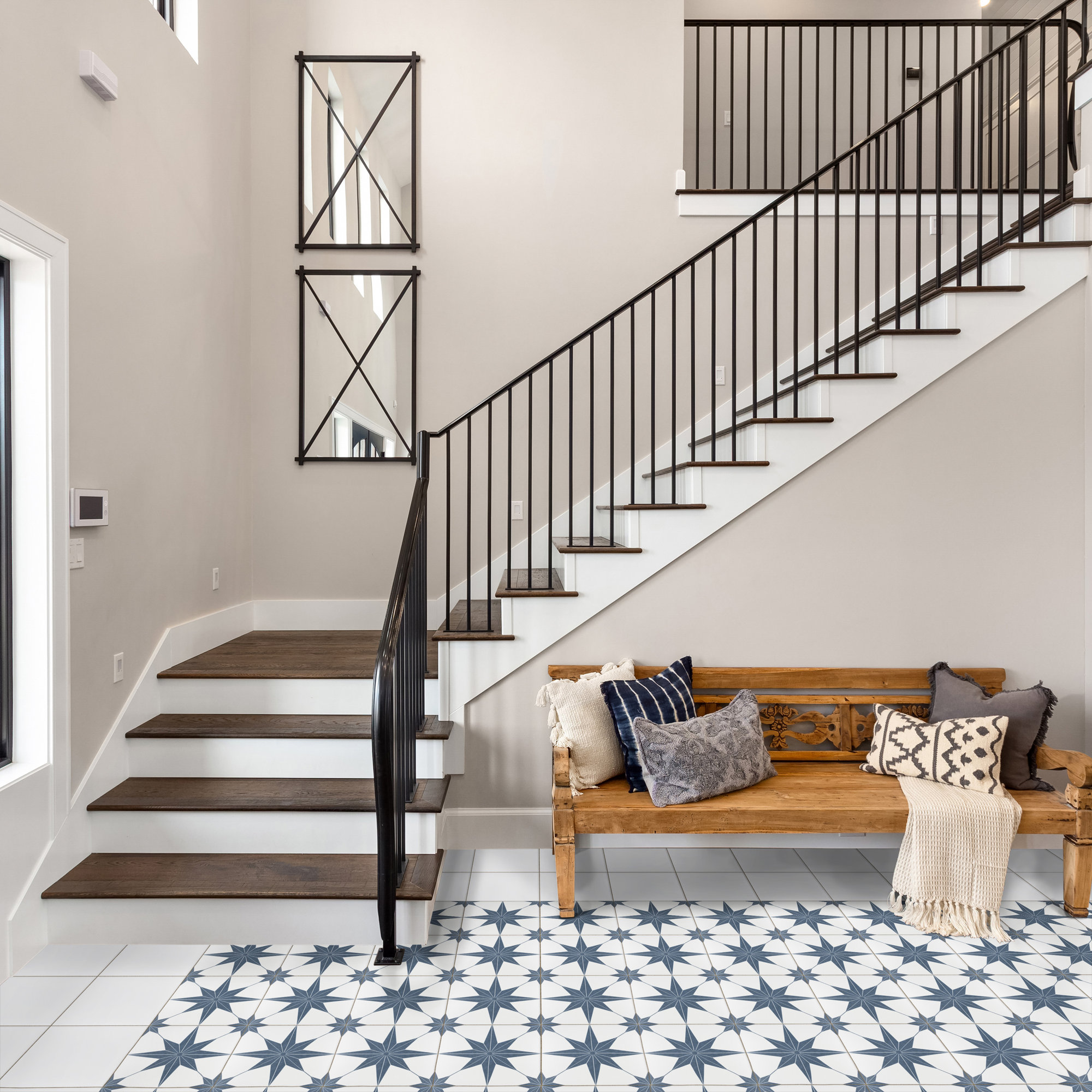 Stella 10" x 10" Porcelain Patterned Wall & Floor Tile, White/Blue