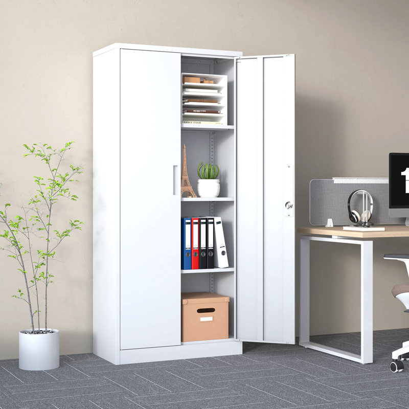 Armoire de rangement en métal 71 po H, armoire verrouillable en acier à outils blanc avec portes et 4 tablettes réglables, armoires hautes pour systèmes de rangement de garage