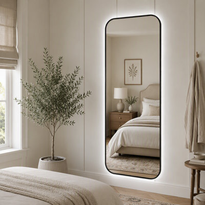 Miroir surdimensionné rectangulaire rétroéclairé pleine longueur 65 po x 24 po à DEL avec cadre en aluminium noir, miroir mural complet à intensité variable, 3 températures de couleur, miroir HD pour chambre à coucher, garde-robe et vestiaire