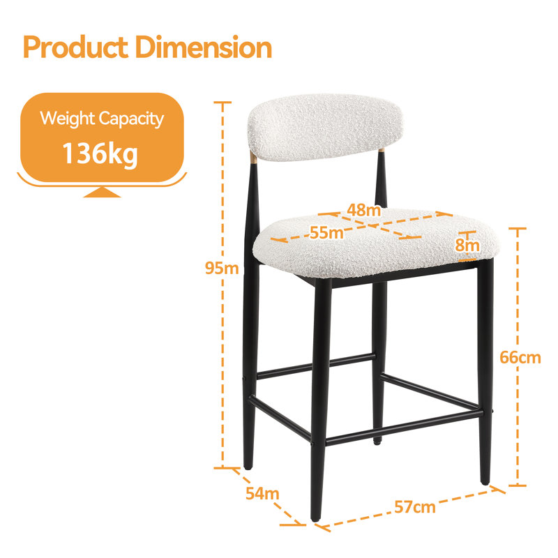 Upholstered Counter Stool with Metal Frame, White