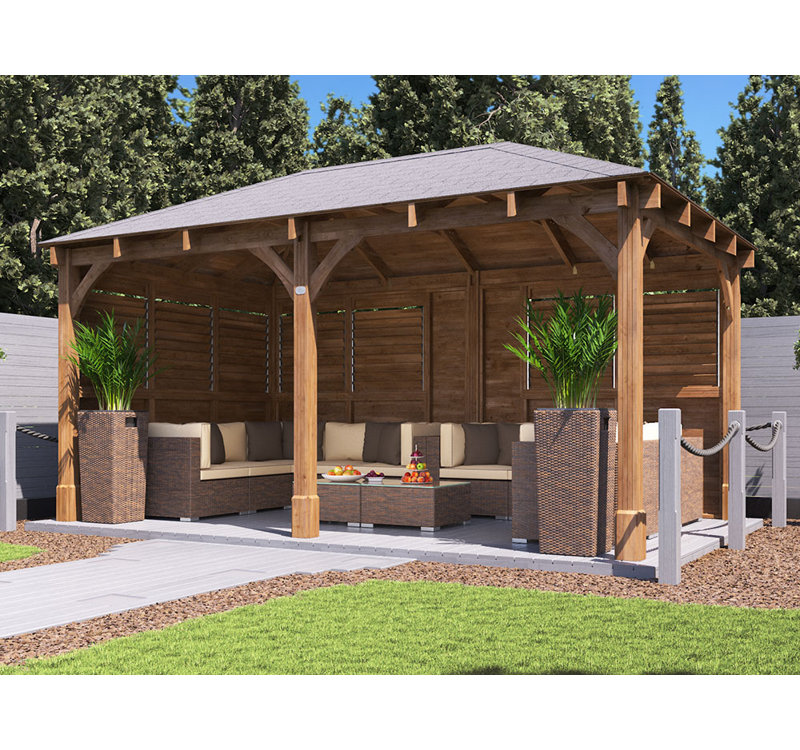 Dunster House Wooden Gazebo Kit Louvre Wall 6m x 3m with Roof Shingles Leviathan	, Light Gray