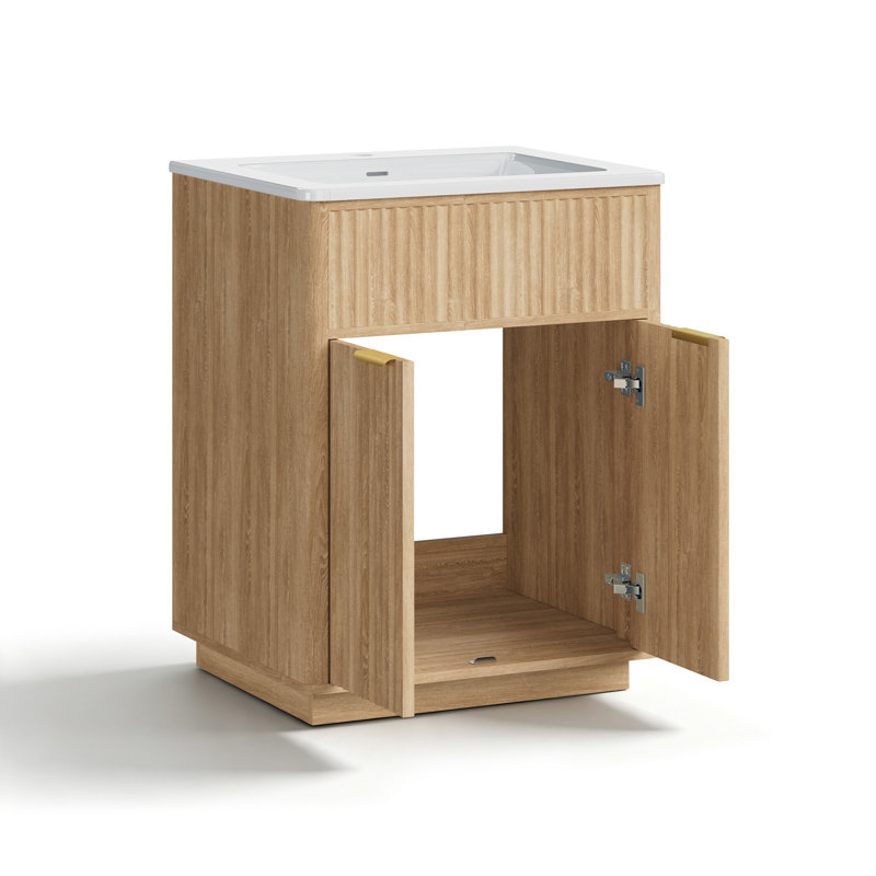 Meuble-lavabo sur pied de 61 cm (24 po) avec lavabo simple, portes cannelées et rangement, naturel, Tanné, 24"
