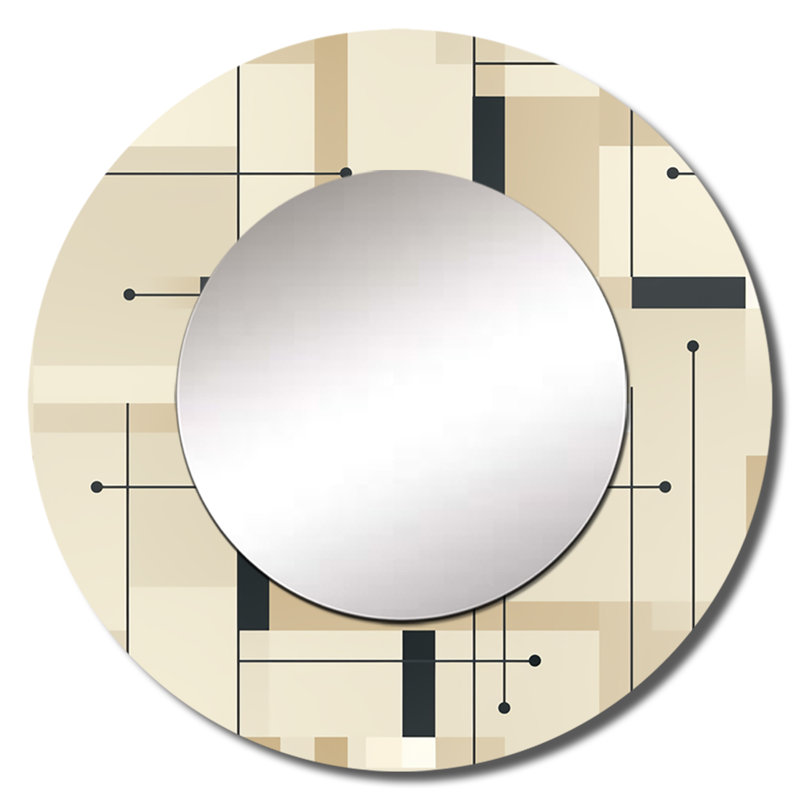 Beige et gris Minimalist Grid Harmony - miroir mural géométrique unique, miroir rond moderne, impression d'art en métal