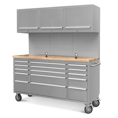72-Inch Stainless Steel Rolling Tool Box with 15 Drawers & 3 Upper Cabinets, Heavy-Duty Mobile Garage Workbench, Lockable Large Tool Chest Storage Cabinet with Wheels and Pegboard for Workshop