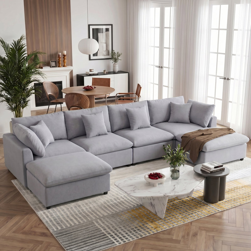 142.8" Modular Sectional Sofa 6 Piece Chenille Deep Seat Cloud Corner Couch With Reversible Ottomans & Pillows, Gray Chenille