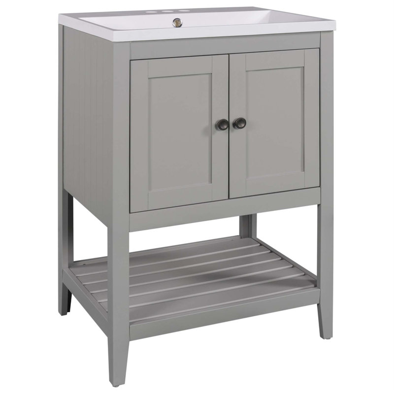 Lavabo de salle de bain moderne élégant en céramique 24 po avec tablette ouverte en bois massif, Gris