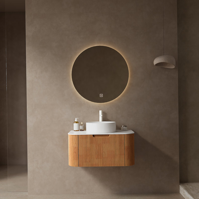 Meuble-lavabo de salle de bain avec lavabo, armoire de rangement de salle de bain moderne à bordures courbes et flottantes avec tiroir, lavabo en marbre artificiel blanc sans robinet, pré-assemblé