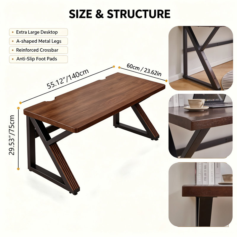 Double bureau d'ordinateur en bois massif de 55,1 pouces de long, poste de travail à deux places épaissi, table d'écriture en noyer pour la maison et le bureau
