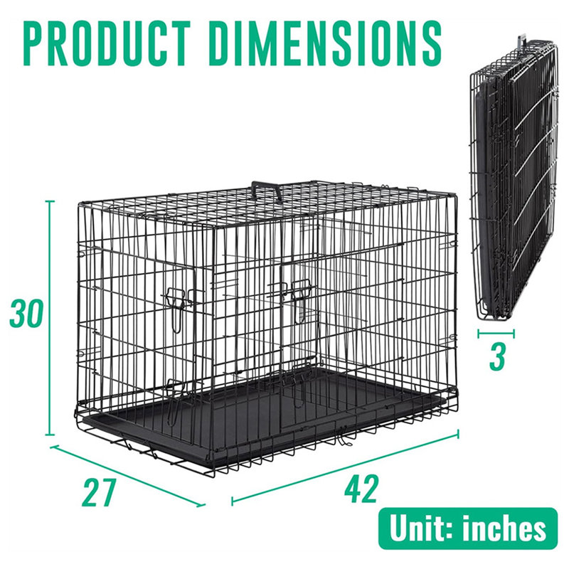 Caisse pour chien pliante en métal avec portes doubles, cloison et plateau, noir