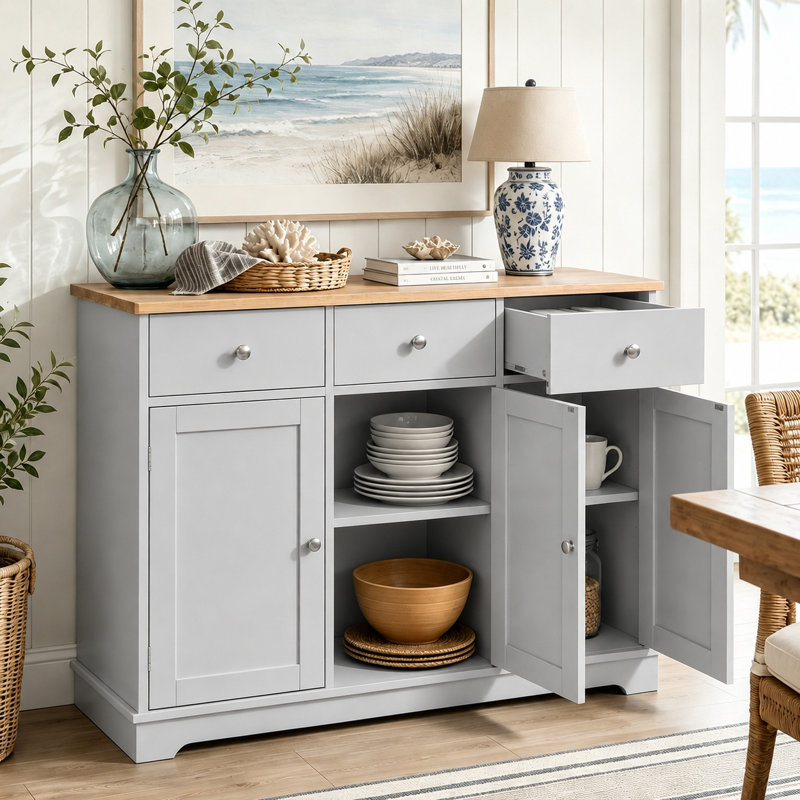 Buffet moderne à 3 tiroirs, plateau en bois d'hévéa, tablettes réglables et conception anti-basculement pour cuisine, salle à manger et salon Modern