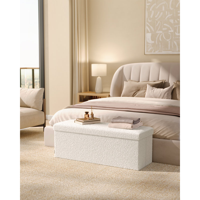 110cm Wide Tufted Rectangle Solid Colour Standard Ottoman with Storage, White