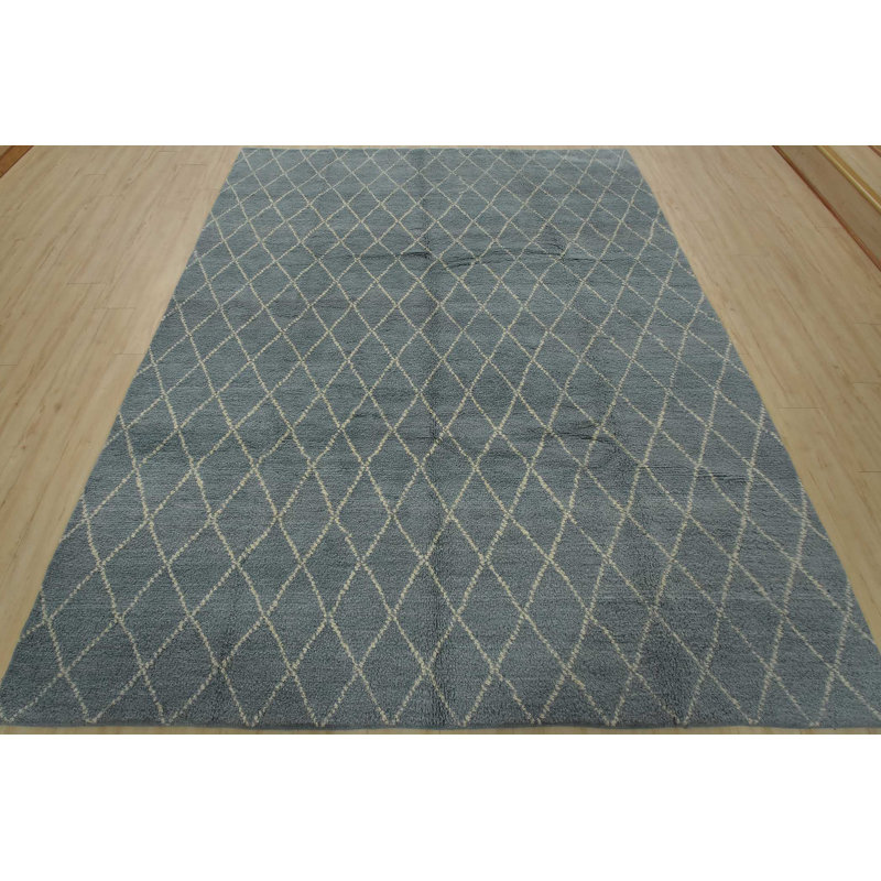 Tapis marocain contemporain en laine bleue noué à la main 7 pi 10 po x 9 pi 10 po Moroccan