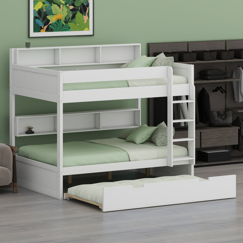 Multi-functional Bunk Bed Frame with Integrated Pull-Out Trundle, White