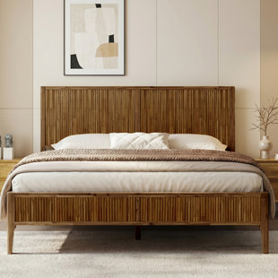 Megsu Bosk Acacia Wood Bed Frame with Headboard, Fluted Pattern Inspired, Mid-Century Modern Style Platform Bed – FSC Certified, Noise-Free, Easy Assembly, No Box Spring Needed