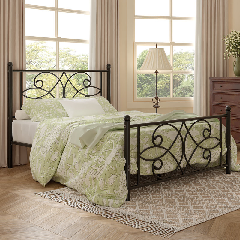 Black Queen Size Metal Bed Frame with Headboard and Footboard, Victorian Butterfly Platform Bedframes, Heavy Duty Platform Storage Bed, Noise-Free Slatted Base