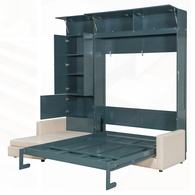 Grand lit escamotable avec canapé et tablettes, conception peu encombrante pour une vie compacte et un confort quotidien