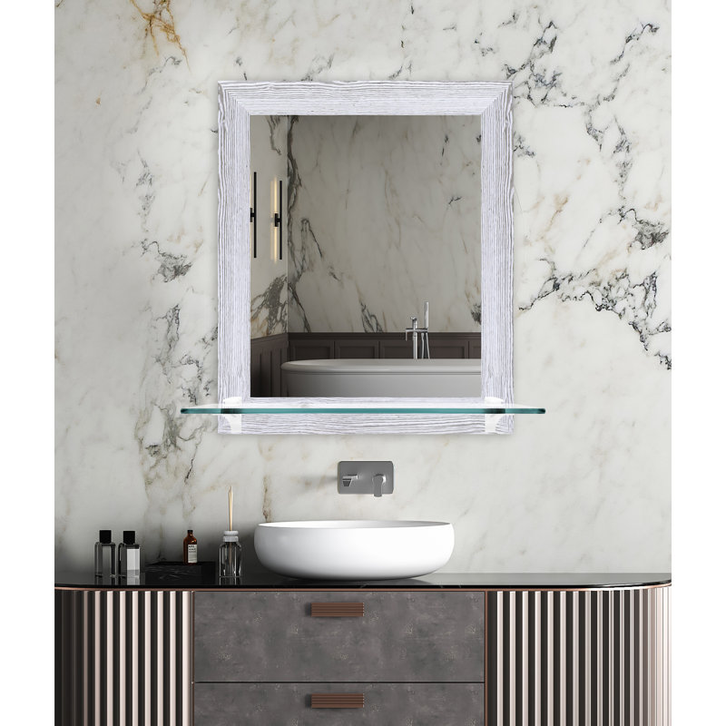 Kridia Flat Wall Mirror, Vertical, White Distressed/White, 25.5" H x 21.5" W