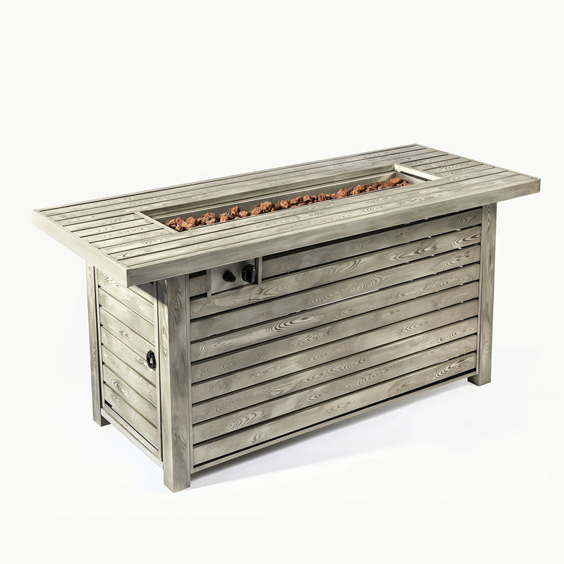 Table de foyer d'extérieur en acier avec surface en grain de bois