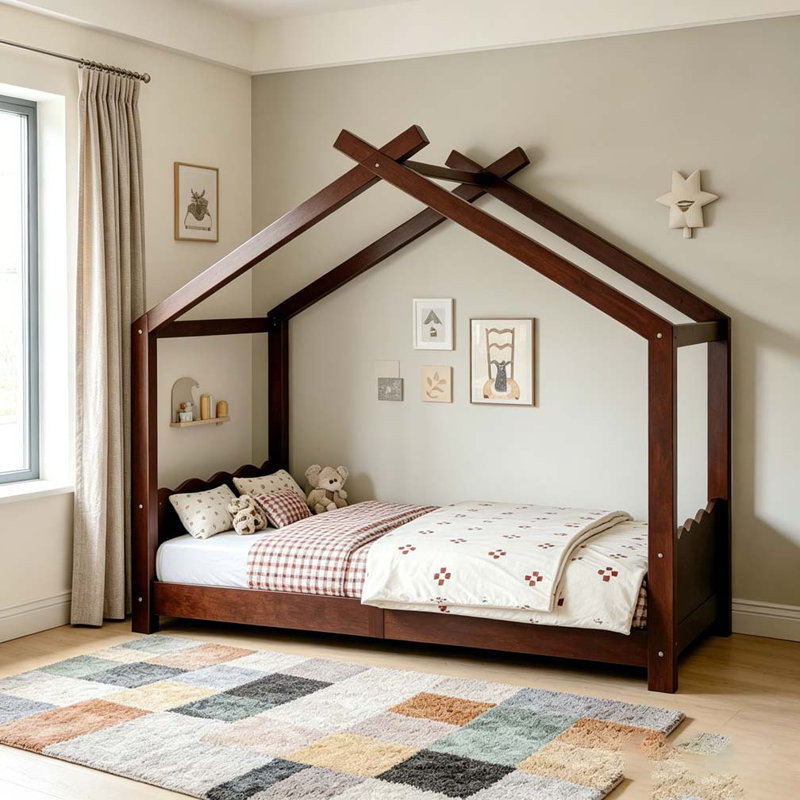 House Floor Bed with Support Slats, Solid Wood House Bed Frame for Kids, No Box Spring Needed and Opening Constructure, Twin