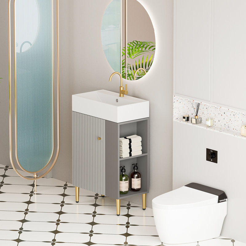 Meuble-lavabo à tablettes ouvertes de 21,6 po avec lavabo en céramique et porte à fermeture douce, armoire de rangement à tablettes ouvertes sur le côté droit, assemblage requis