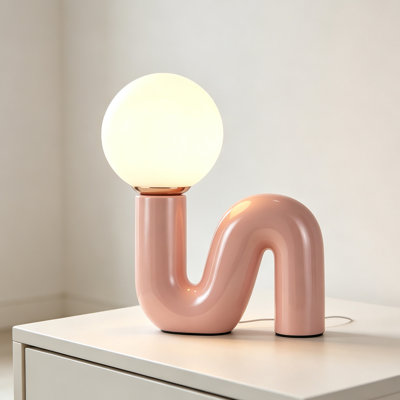 Red S-Curve Ceramic Table Lamp with Frosted Glass Globe Shade, 15 Inch Tall