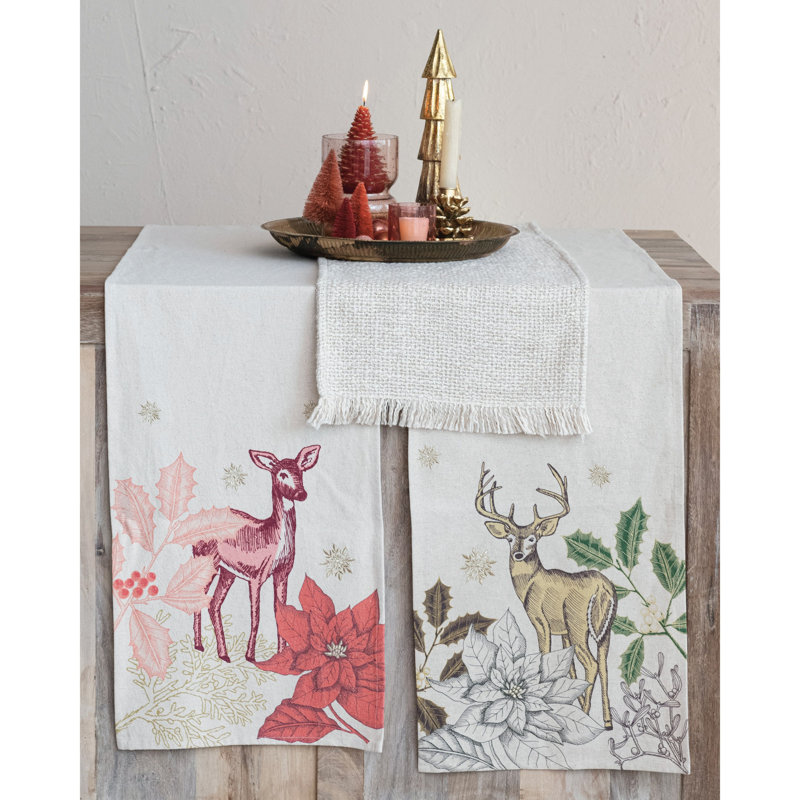 Cotton And Linen Printed Table Runner With Flora/Fauna Pattern And Metallic Thread Embroidery