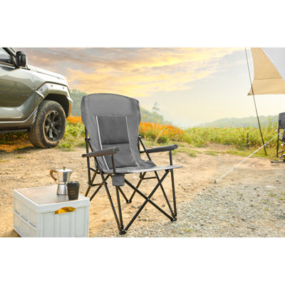 Fauteuil de jardin à haut dossier avec support de 250 lb, pliable, de couleur grise, porte-gobelet et confortable pour le jardin extérieur, idéal pour se détendre