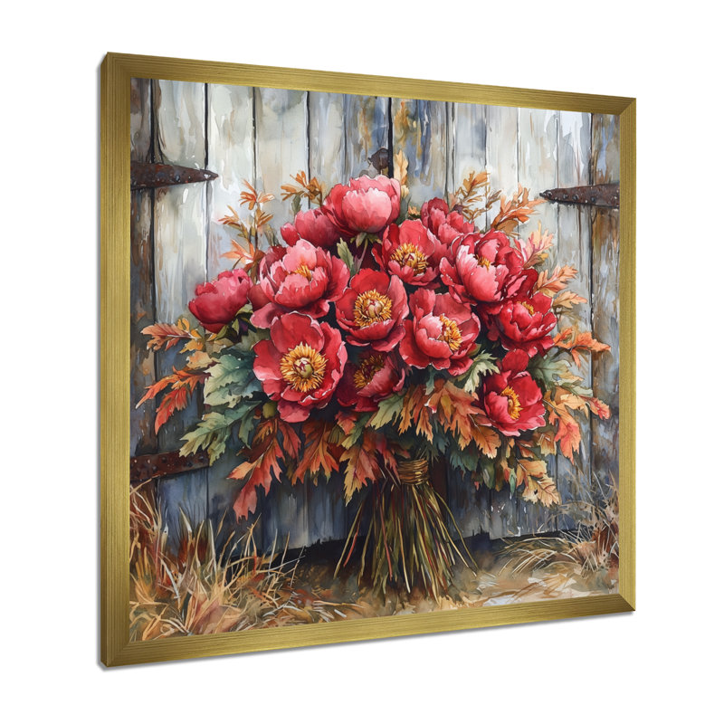 Rustic Charm Peony Bouquet - pivoines, art mural, Reproduction encadrée d'une seule photo, H 16 po x l 16 po, Doré