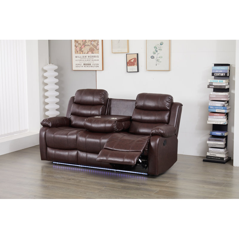 Faux Leather Manual Reclining Sofa with LED Lights With Drop Down Table, Brown