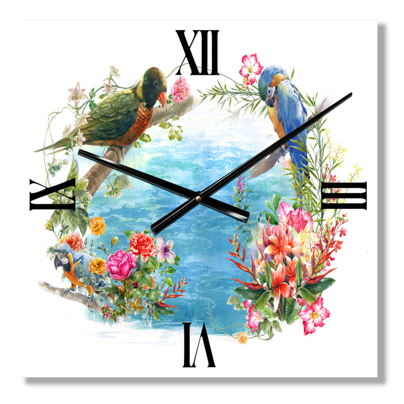 Horloge murale oiseaux et fleurs au bord de l'eau, Grand