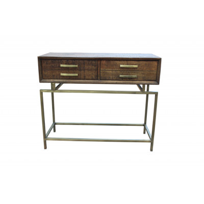 36" Brown and Brass Solid Wood Distressed Frame Console Table With Storage