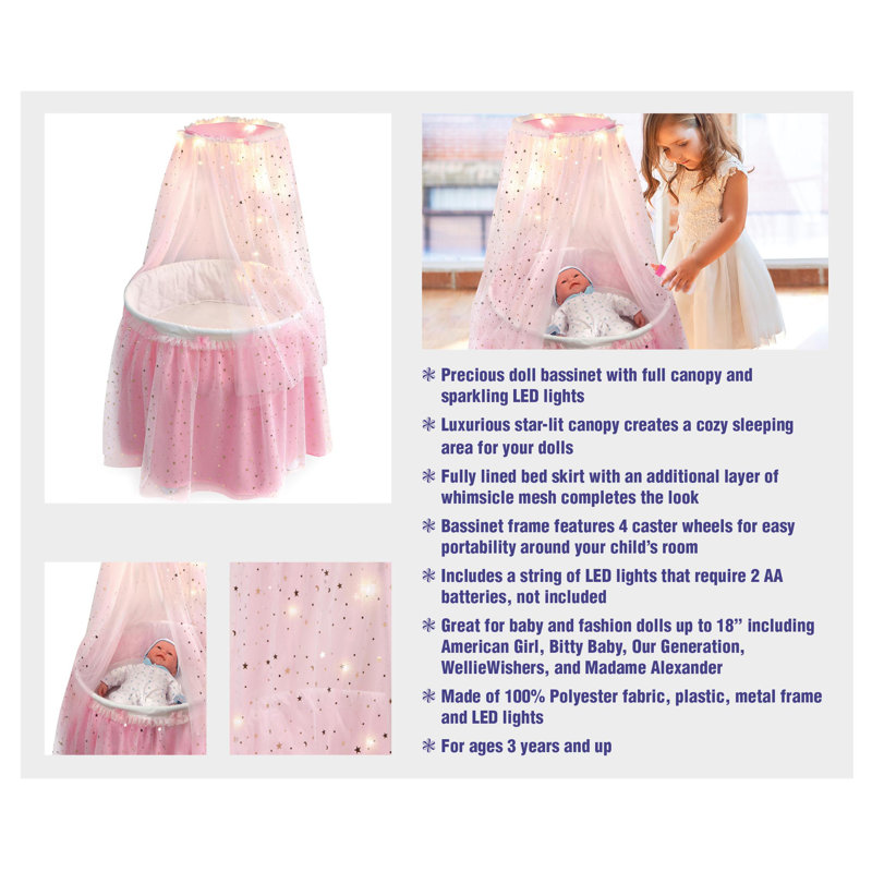 Pink and White Doll Bassinet with Canopy and LED Lights