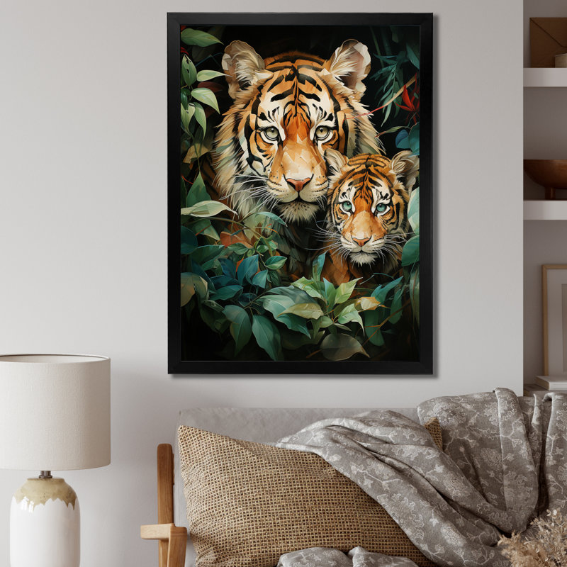 Art asiatique, tigres dans la jungle - impression, H 44 po x l 34 po x P 1,5 po, Cadre photo noir