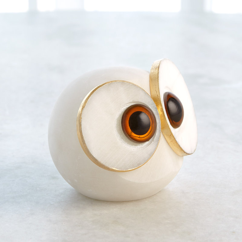 Alabaster Big Eyed Owl, 3.75" H x 4" W x 5.25" D