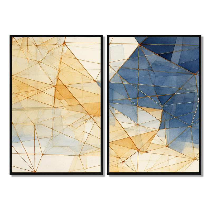 Minimaliste bleu et or II - art mural moderne orange 2 panneaux, 36" H x 48" W, Impression encadrée flottante, Black