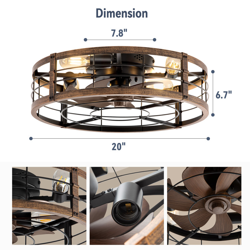 Cissline 20" Black & Gold Modern Flush Mount Caged Ceiling Fan with Light Kit and Remote for Bedroom & Living Spaces