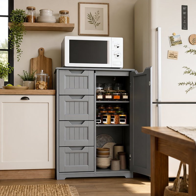Commode à 4 tiroirs de 23,6 po avec porte de grange coulissante, armoire de rangement, Gris