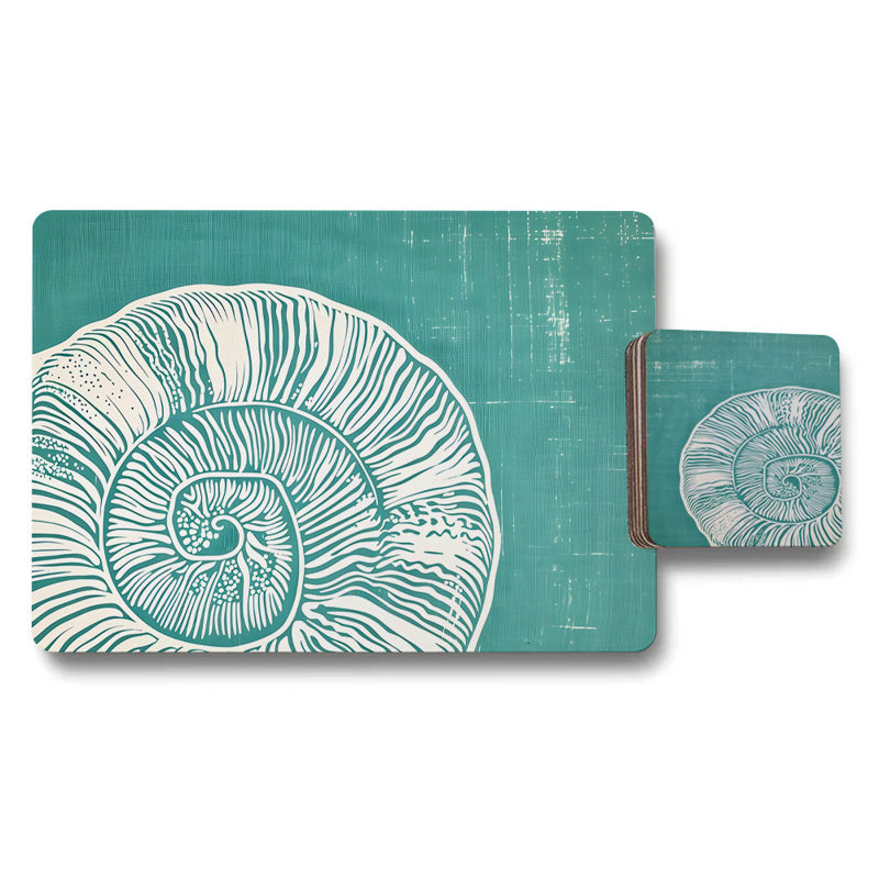 Teal Shells Placemat And Coaster Set With Wood Backing Designer Artwork Collection