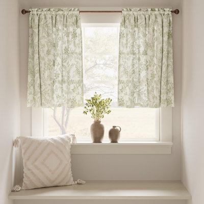 Floral Kitchen Tier Curtains 24 Inch 2 Panels Sage Green on Beige Linen Blend Fabric, Rod Pocket, Light Filtering, Cafe Curtains