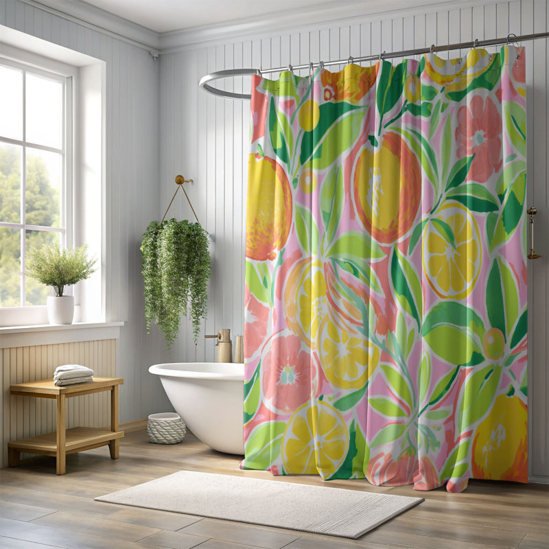 Rideau de douche rose 1 pièce, H 74 po x l 71 po