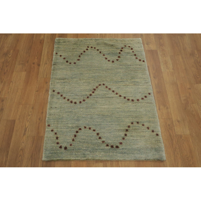 Tapis contemporain de style Gabbeh avec vagues à pois rouges en bleu pastel 2x3