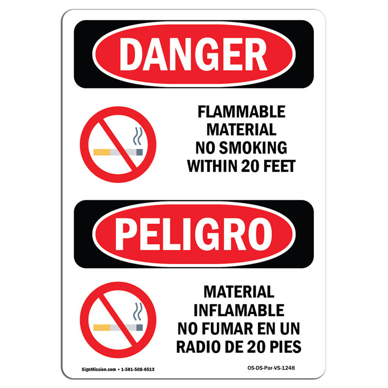 Enseigne pour matériaux inflammables interdisant de fumer, H 18 po x l 12 po x P 0,1 po